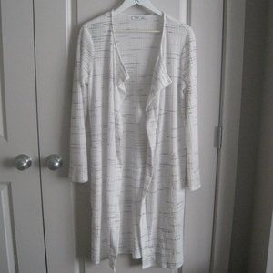 DEX long open cardigan, white with gray design.  Size L